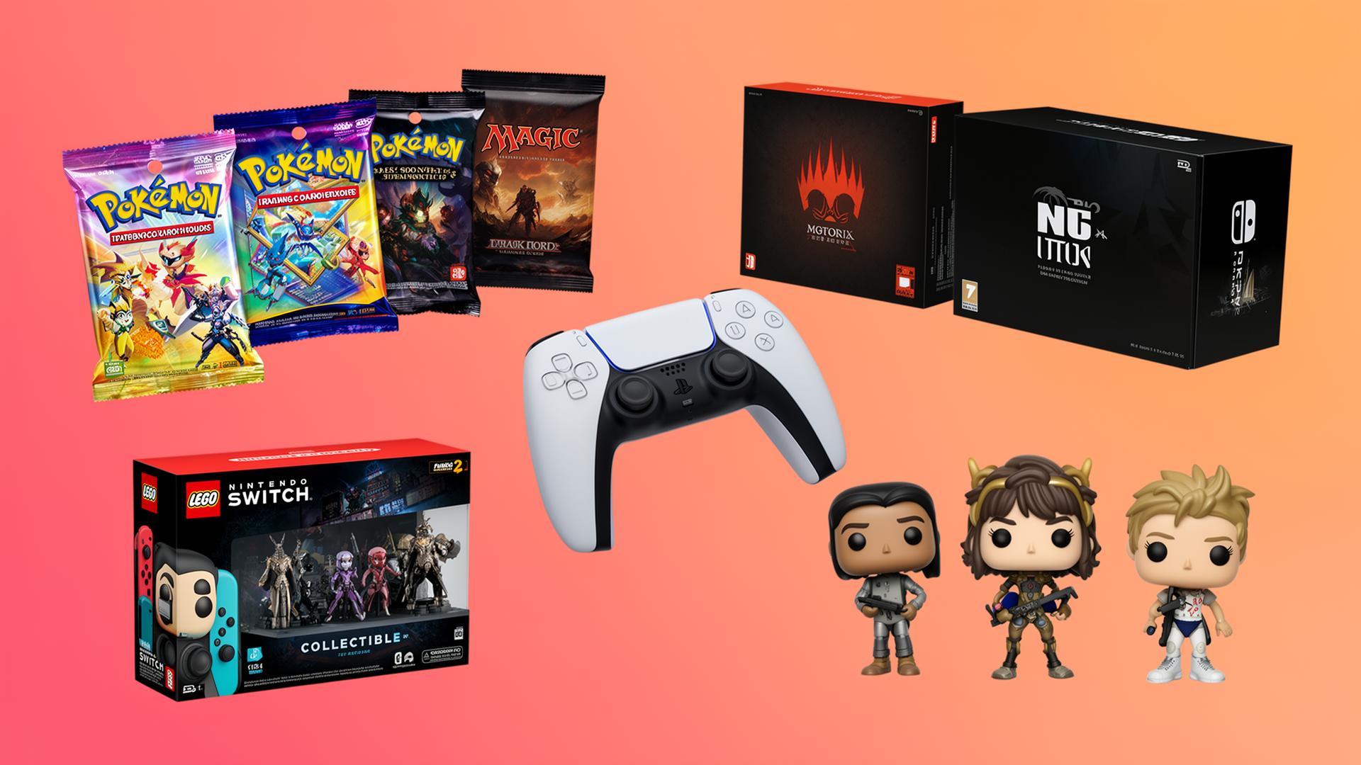 Pokemon booster packs, MTG cards, PS5 controller, Switch 2, LEGO collectible and Funko Pops floating against a coral gradient